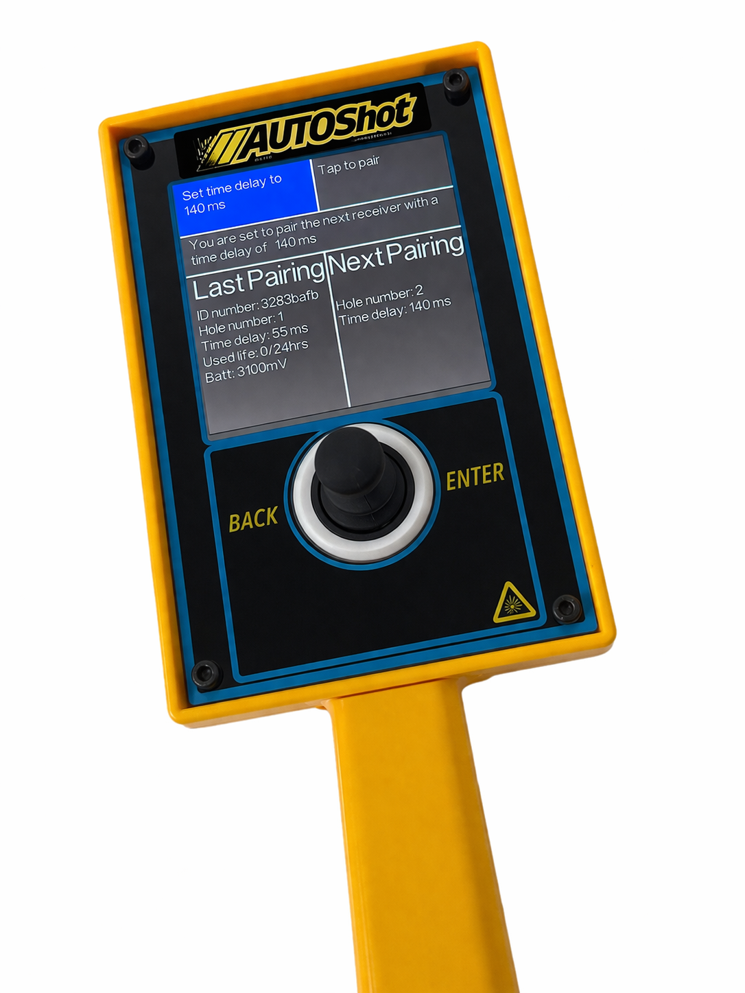 AutoShot AS Control Unit display showing pairing interface with time delay settings and receiver information