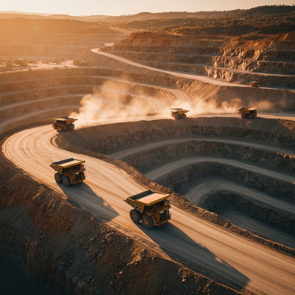 Aerial view of open-pit mining quarry at golden hour